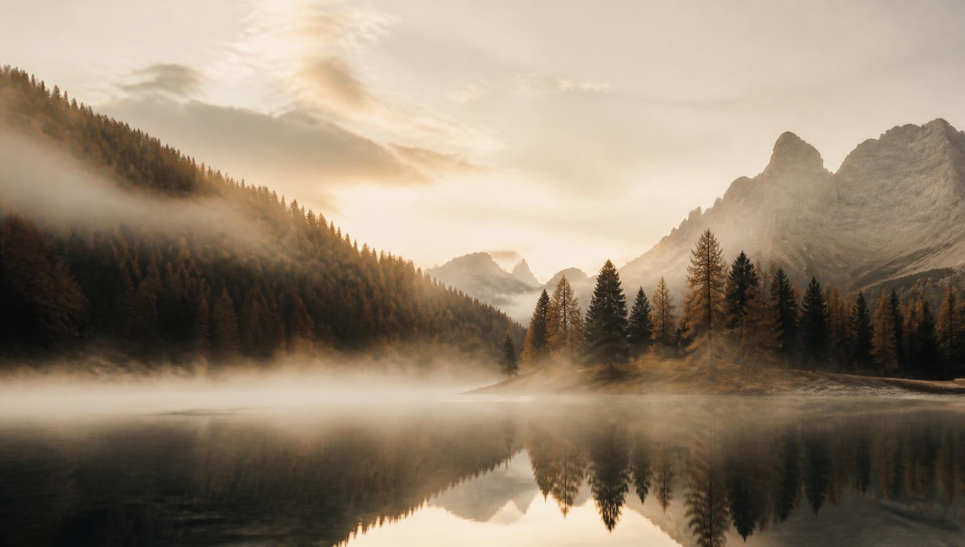 Mist rising over an alpine lake at dawn